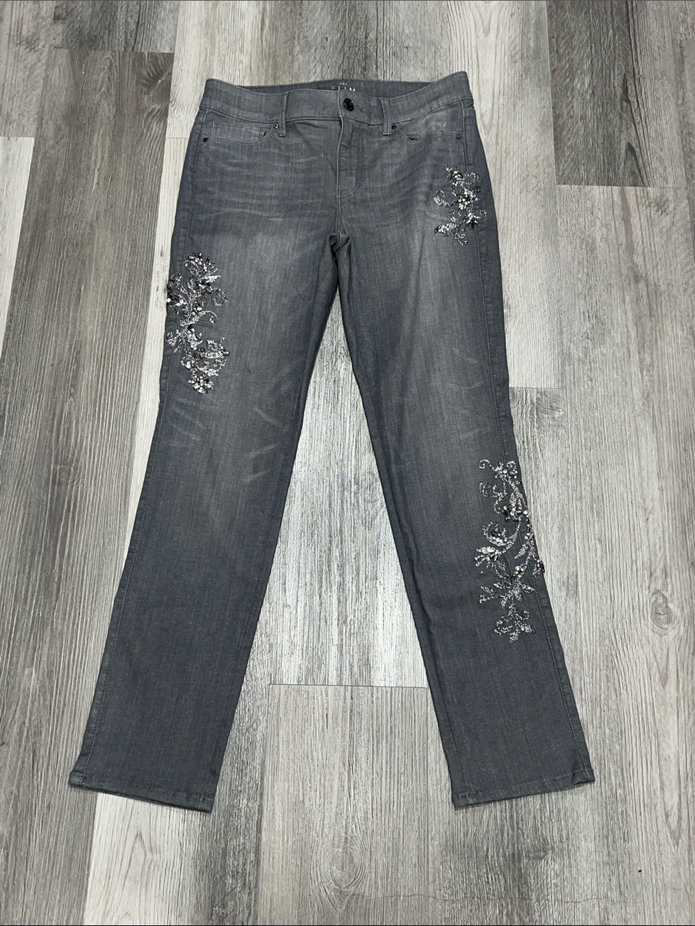 White House Black Market Gray Embellished Straight Leg Jeans, size 6